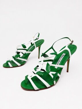 Manolo Blahnik Twigga Leaf Strap Sandals Green White Heels Womens Size EU 37.5